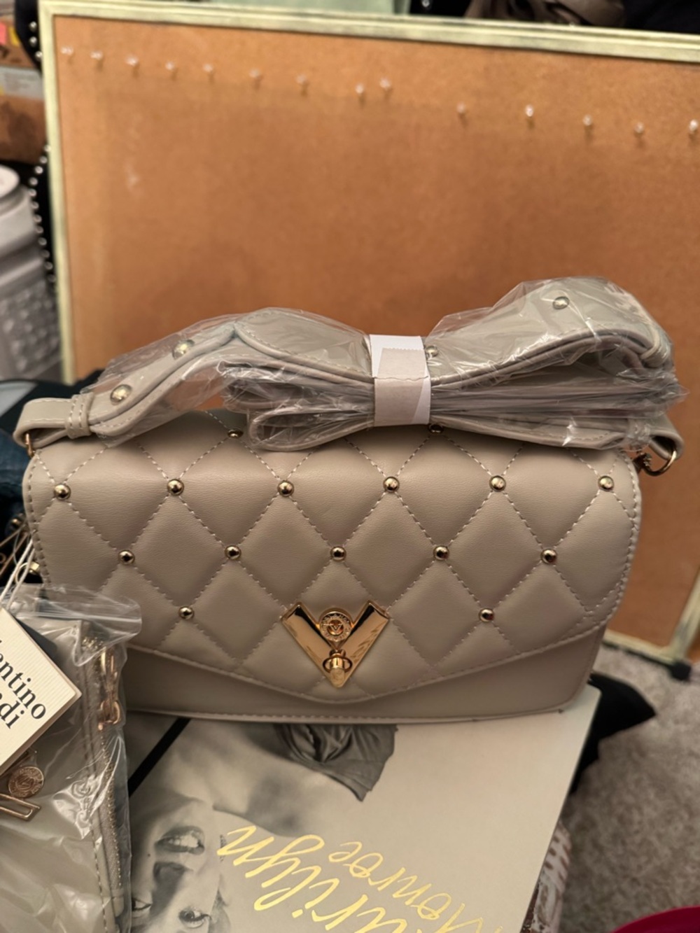 Quilted Light Beige Crossbody Bag with Gold Accents